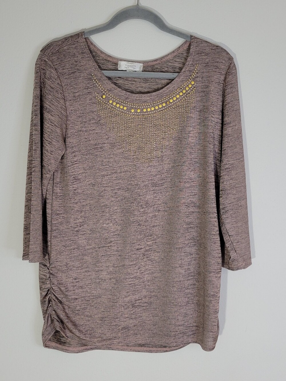 Shannon Ford Womenโs Heather Taupe Scoopโ Neck Top with Gold Embellishment